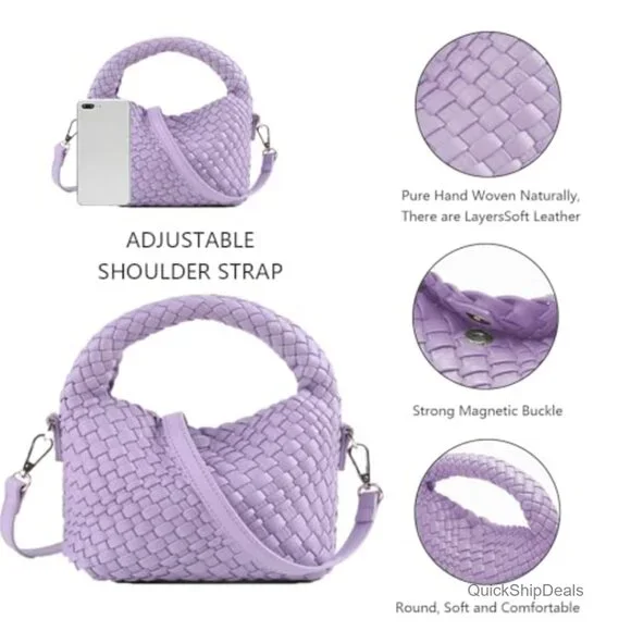 Woven Clutch Purse with Detachable Strap, Faux Leather Crossbody Handbag - Picture 4 of 6